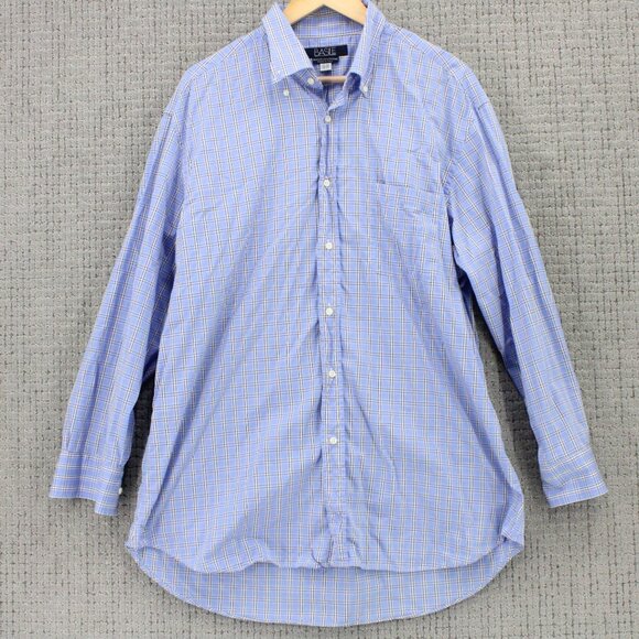 Basile Shirt Mens Size 17.5 Blue Plaid Button Down Long Sleeve Casual Collared - Picture 1 of 9